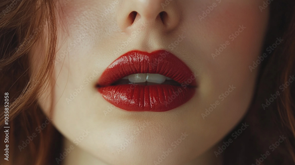 Close-up of sensual red lips with a soft, alluring expression, perfect for capturing romantic and intimate moments related to Valentine's Day. Close-up of sensual red lips with a soft, alluring expression, perfect for capturing romantic and intimate moments related to Valentine's Day.