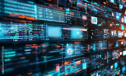 A futuristic display of digital data visualizations and interfaces in a tech-centric environment.
