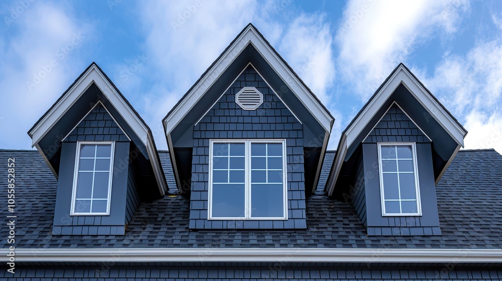 Three dormer windows on a sloped roof, with white trim and a blue sky background. Three dormer windows on a sloped roof, with white trim and a blue sky background.