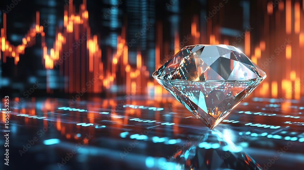 A digital stock market graph rising upward with a large diamond in the foreground