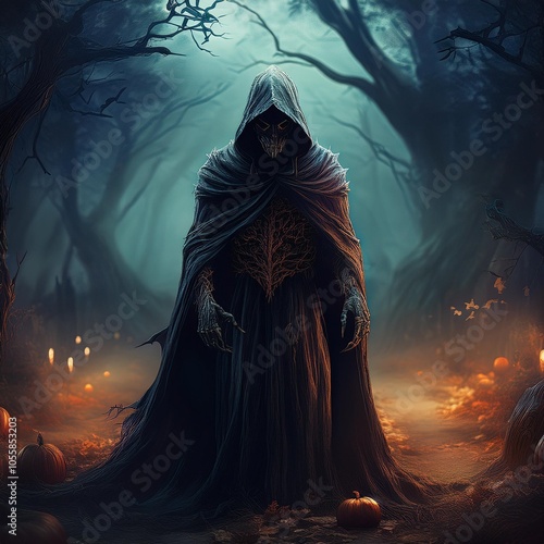 halloween scene figure in cloak