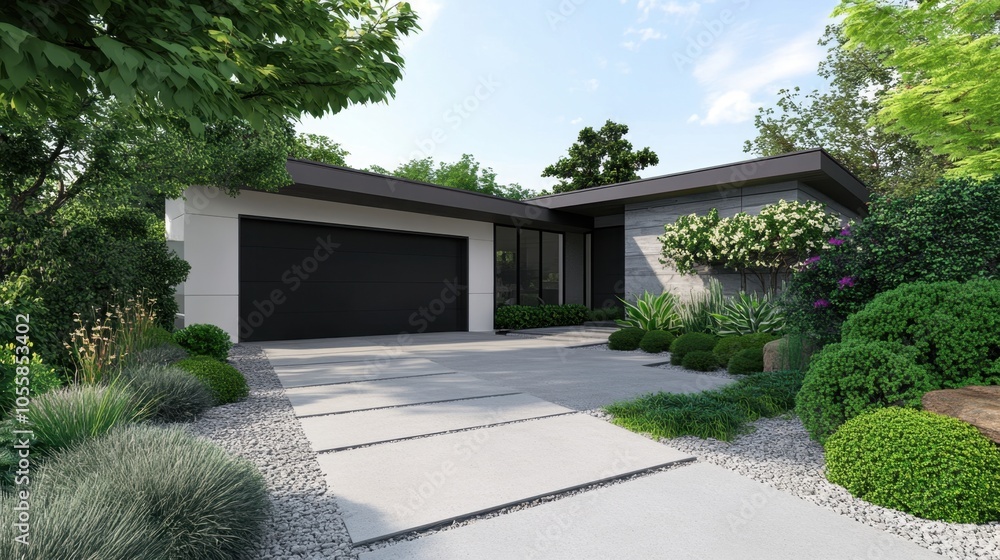 Obraz premium Contemporary house exterior in gray and white, with a bold dark garage door and neatly trimmed plants creating a chic, minimalist style.