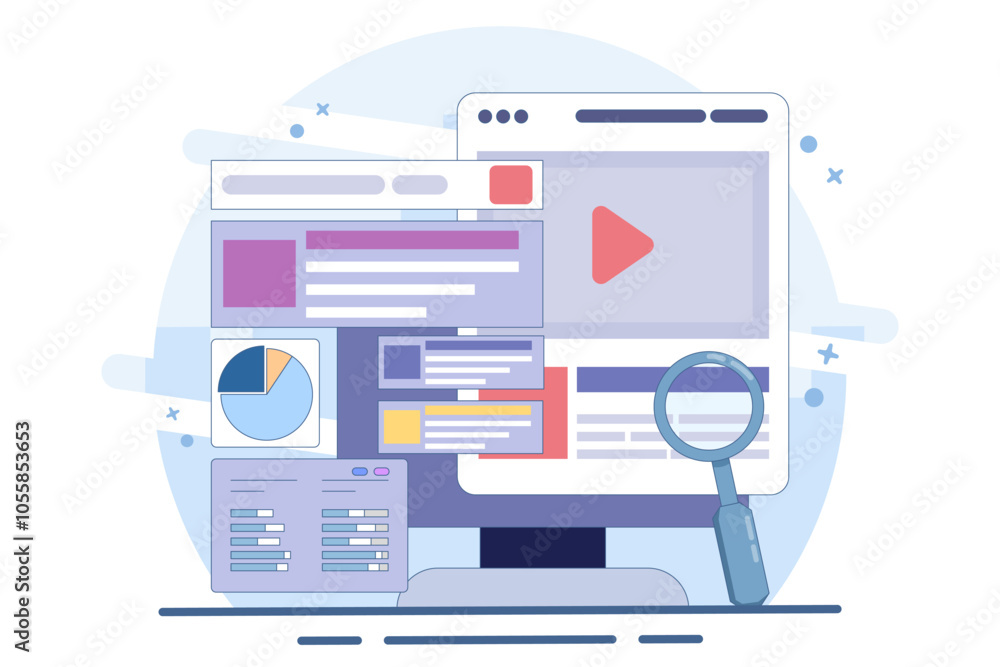 Search engine marketing concept, Running an advertising campaign on search engines, Search Ads send traffic to a website, Advertising analysis, flat vector illustration on background. Search engine marketing concept, Running an advertising campaign on search engines, Search Ads send traffic to a website, Advertising analysis, flat vector illustration on background.