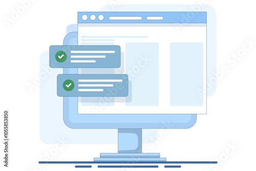 Website success notification concept with check mark, web updated task list with check mark on laptop computer flat cartoon vector, internet online digital check on pc report. Vector illustration.