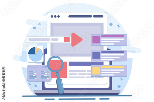 Search engine marketing concept, Running an advertising campaign on search engines, Search Ads send traffic to a website, Advertising analysis, flat vector illustration on background.