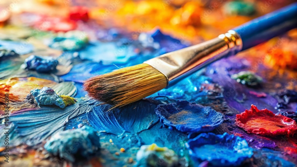 Fototapeta premium High-Quality Panoramic Photography of Artist Palette with Blue Acrylic Paint and Brush