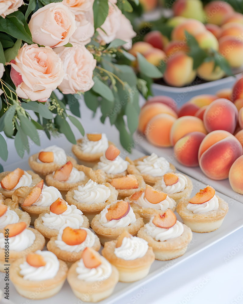Elegant peach tart display, outdoor festival booth, culinary celebration, festive table settings. Elegant peach tart display, outdoor festival booth, culinary celebration, festive table settings.