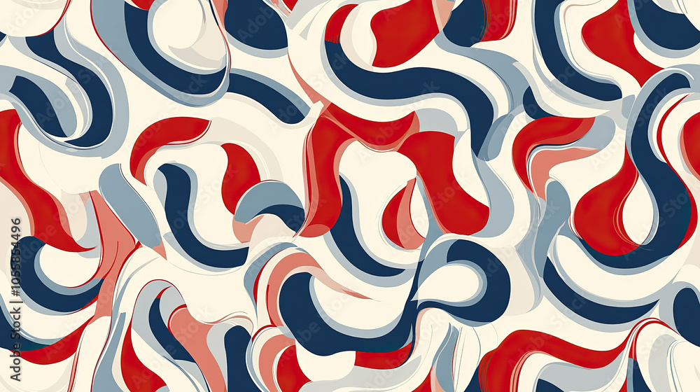 Abstract wave patterns in red, navy blue, and cream tones create a bold visual effect for modern interior design Abstract wave patterns in red, navy blue, and cream tones create a bold visual effect for modern interior design
