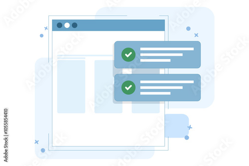 Website success notification concept with check mark, web updated task list with check mark on laptop computer flat cartoon vector, internet online digital check on pc report. Vector illustration.
