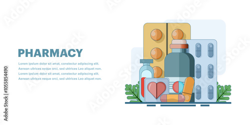 Medical concept. Medicines. Pharmacy web banner. Health and pharmacy, sale of medicines. Flu, cough and cold medicine, medicinal syrup, throat spray, tablets, capsules. Flat vector illustration.