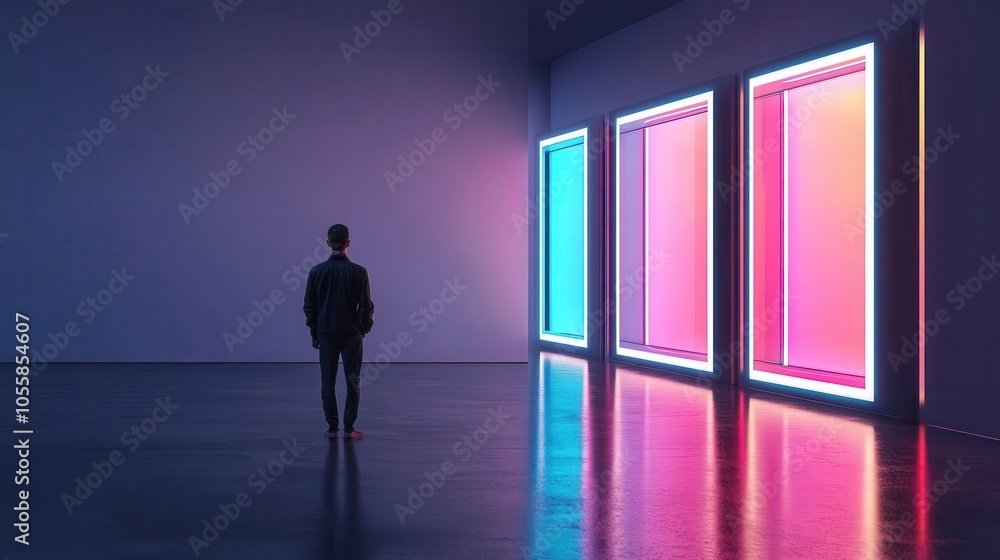 Museum with interactive LiFi lighting, realtime data transfer for visitors, modern experience Museum with interactive LiFi lighting, realtime data transfer for visitors, modern experience