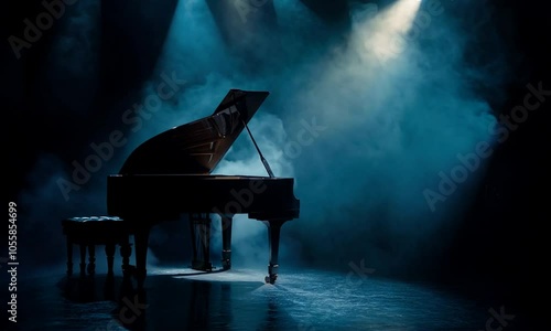 A grand piano in a smoky atmosphere, illuminated by dramatic stage lights.