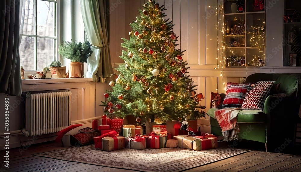A cozy corner decorated for Christmas, featuring a small tree adorned with vibrant ornaments, warm lights, and wrapped gift boxes, creating a festive and inviting atmosphere. A cozy corner decorated for Christmas, featuring a small tree adorned with vibrant ornaments, warm lights, and wrapped gift boxes, creating a festive and inviting atmosphere.