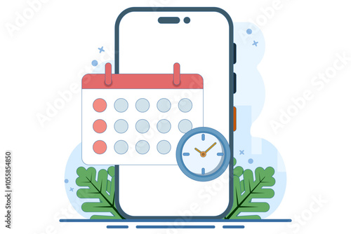 Planning app concept on screen. Planning schedule and calendar. Time management, work planning app. Calendar, schedule, appointment. Flat vector illustration on background.