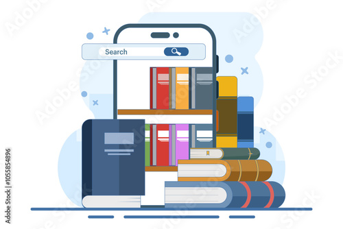 online library concept, Media book library, Female character reading book, Online bookstore, Reader app, Education, Digital bookshelf, Graduate online school. Flat vector illustration.