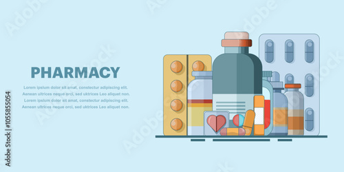 Medical concept. Medicines. Pharmacy web banner. Health and pharmacy, sale of medicines. Flu, cough and cold medicine, medicinal syrup, throat spray, tablets, capsules. Flat vector illustration.