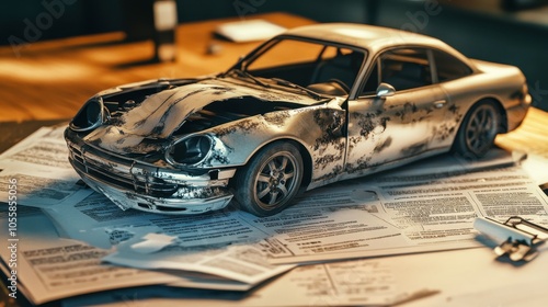 Detailed model of a wrecked silver car placed on paperwork, evoking the challenges of accident insurance and claim processes. photo