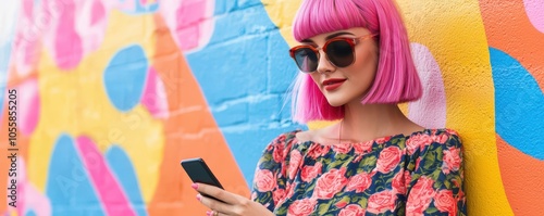 Woman with pink hair and sunglasses using phone in front of colorful wall.