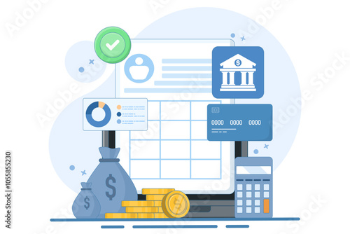 Concept of Managing financial transactions online, Cloud based accounting software, Internet banking, Tax management software, vector illustration background with icons.