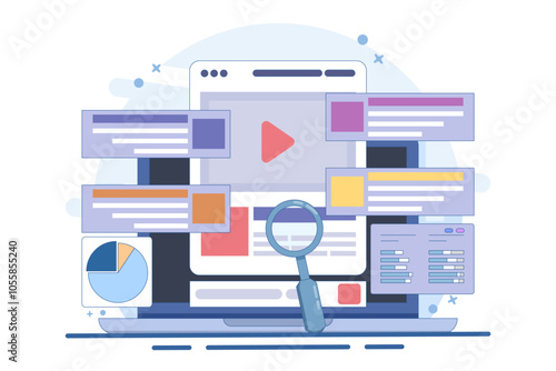 Search engine marketing concept, Running an advertising campaign on search engines, Search Ads send traffic to a website, Advertising analysis, flat vector illustration on background.