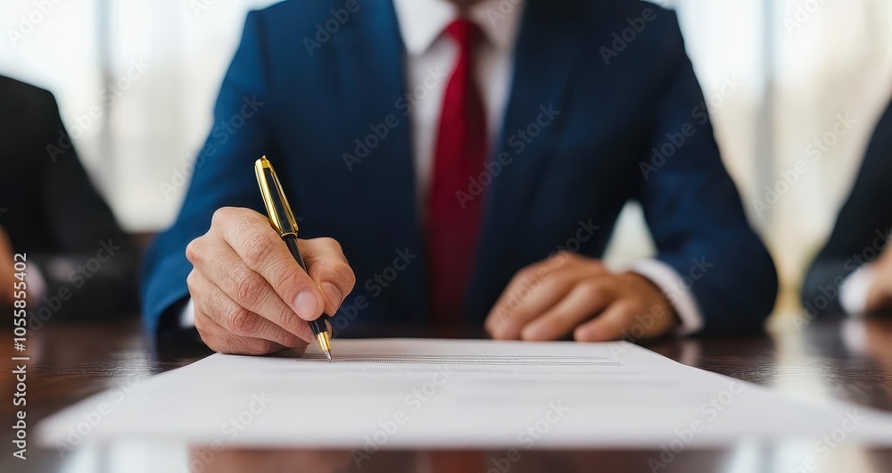 A close-up shot of a formal document being signed with a black pen on a wooden desk, surrounded by scattered papers and office supplies A close-up shot of a formal document being signed with a black pen on a wooden desk, surrounded by scattered papers and office supplies