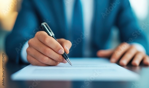 A close-up shot of a formal document being signed with a black pen on a wooden desk, surrounded by scattered papers and office supplies