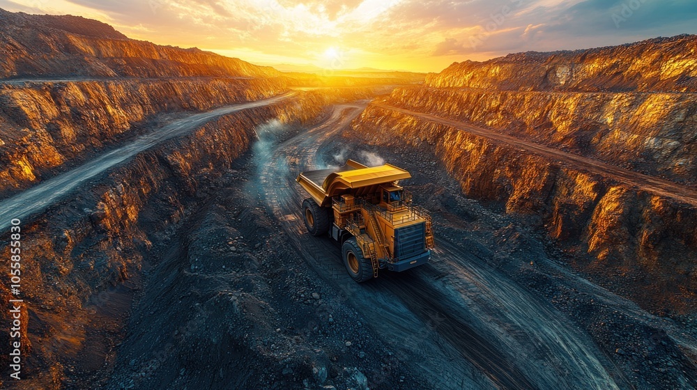 A mining truck navigates a quarry at sunset, showcasing industry. A mining truck navigates a quarry at sunset, showcasing industry.