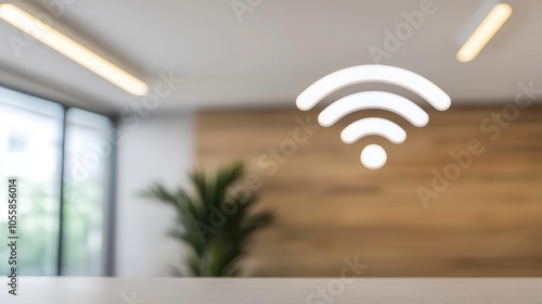 LiFi integrated ceiling lights, modern open office, highspeed wireless data infrastructure photo