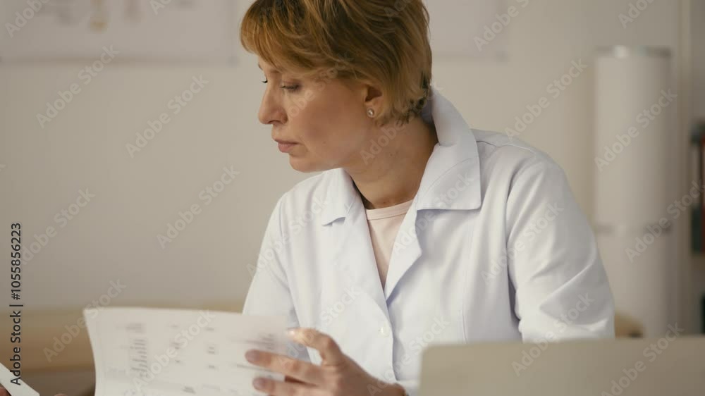 Gynecologist checking patient's medical records, working on laptop in clinic Gynecologist checking patient's medical records, working on laptop in clinic