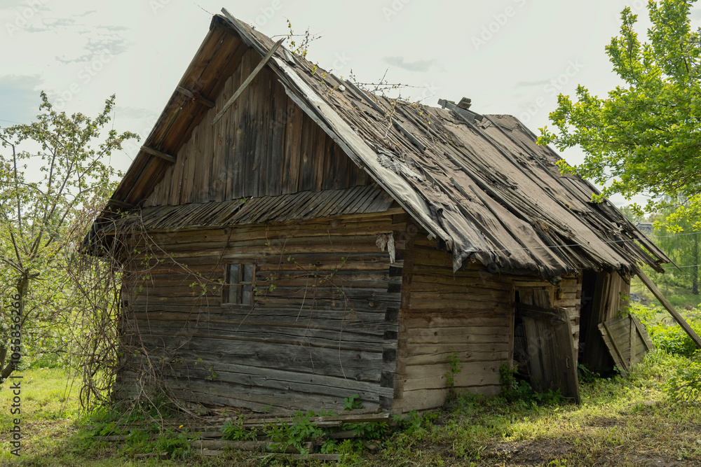 An old abandoned broken wooden house in the middle of the forest like a scene from a western movie. Concept of horror with ghosts. An old abandoned broken wooden house in the middle of the forest like a scene from a western movie. Concept of horror with ghosts.