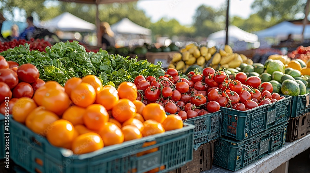 Fresh Produce at a Farmers Market Tomatoes Oranges Green Vegetables Baskets Fresh Produce at a Farmers Market Tomatoes Oranges Green Vegetables Baskets