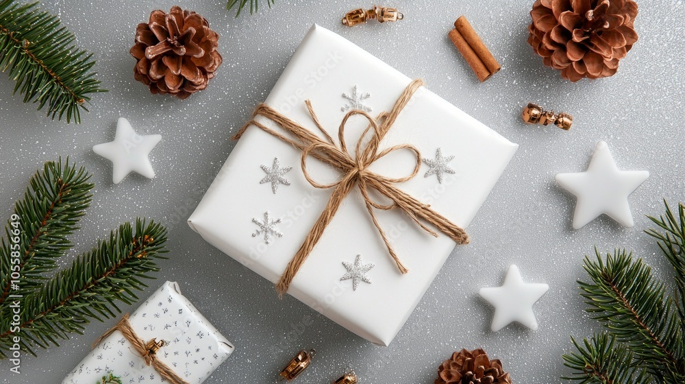 neatly arranged flat lay showcases white gift box tied with twine surrounded by Christmas decorations including pinecones stars and festive greenery perfect for holiday gifting. neatly arranged flat lay showcases white gift box tied with twine surrounded by Christmas decorations including pinecones stars and festive greenery perfect for holiday gifting.