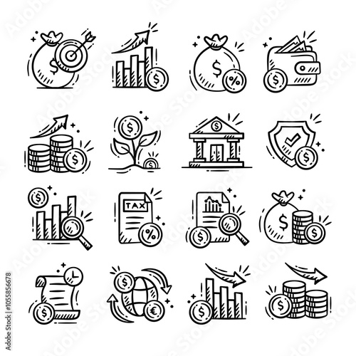 Finance business icon set. Hand drawn cartoon doodle icon illustration of coin, saving, financial goal, tax, bank, budget, investment, dollar and euro currency icons. Business outline stroke icon.