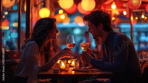 A romantic anniversary dinner at a cozy, candle-lit restaurant, with a couple sharing a toast and soft music playing in the background. The ambiance exudes intimacy and love 