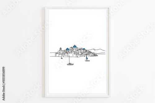 Minimalist greek island wall art print featuring nautical scene for home decor and interior design. photo