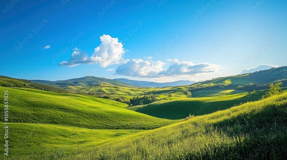 Obraz premium Rolling Green Hills Under a Blue Sky with Puffy White Clouds
