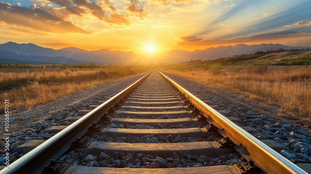 Obraz premium A photo of the train tracks in an open desert, with mountains in the background and a sunset sky.