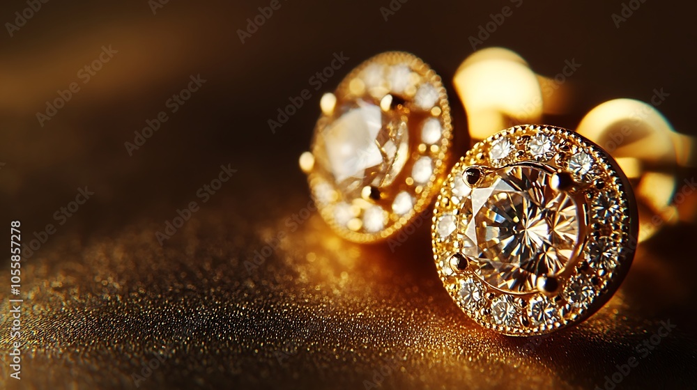 A pair of gold earrings with diamonds sparkling under soft lighting A pair of gold earrings with diamonds sparkling under soft lighting