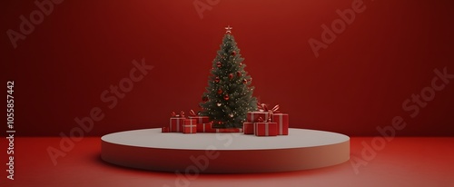 Christmas scene for showcasing cosmetic products. plinth for product demonstration on a red festive background.  photo