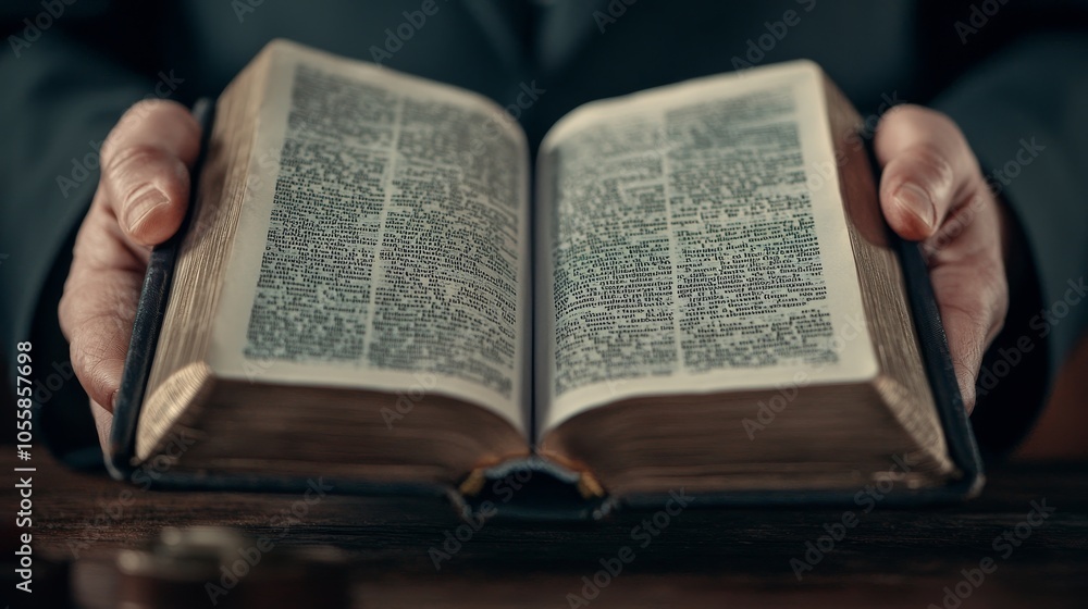 Hands Holding Open Old Book with Text Hands Holding Open Old Book with Text