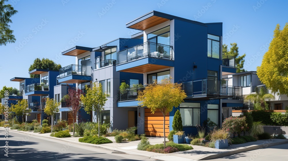 A row of modern blue houses with balconies and trees in front of them. A row of modern blue houses with balconies and trees in front of them.