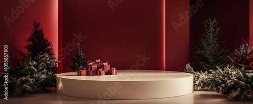 Christmas scene for showcasing cosmetic products. plinth for product demonstration on a red festive background.  photo