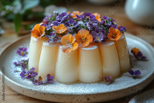 Elegant dessert adorned with colorful edible flowers on a rustic wooden table in natural light photo