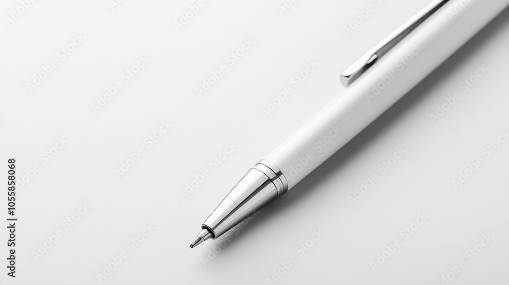 Close-up of a White Pen with a Silver Tip on a White Surface Close-up of a White Pen with a Silver Tip on a White Surface