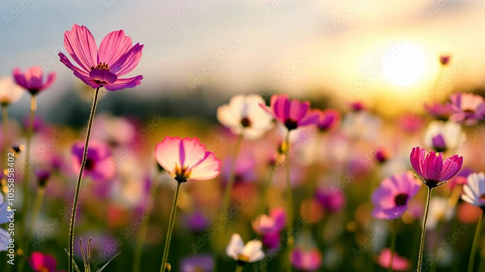 Beautiful Pink and White Wildflowers in Sunlit Meadow Landscape with Soft Focus and Warm Tones During Sunrise or Sunset with Blooming Season Theme Beautiful Pink and White Wildflowers in Sunlit Meadow Landscape with Soft Focus and Warm Tones During Sunrise or Sunset with Blooming Season Theme