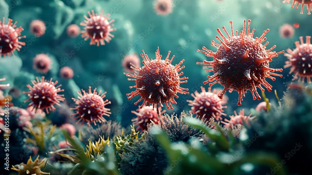 A close-up image of red, spiky viruses floating over a green, leafy background A close-up image of red, spiky viruses floating over a green, leafy background