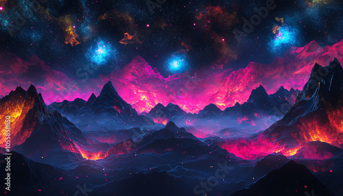 Spectacular colorful fireworks illuminating majestic mountain ranges against a starry night sky