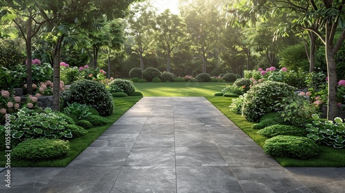 A stone pathway leads through a lush green garden, with sunlight filtering through the trees in the distance.