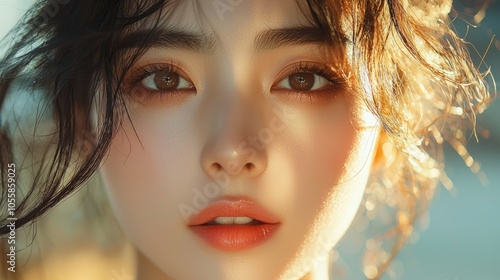 Elegant portrait of an Asian woman with glowing skin and natural makeup