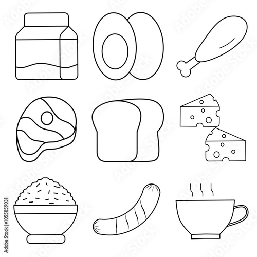 Breakfast menu icon set. Milk, egg, chicken, meet, bread, cheese, rice, sausage and tea or coffee